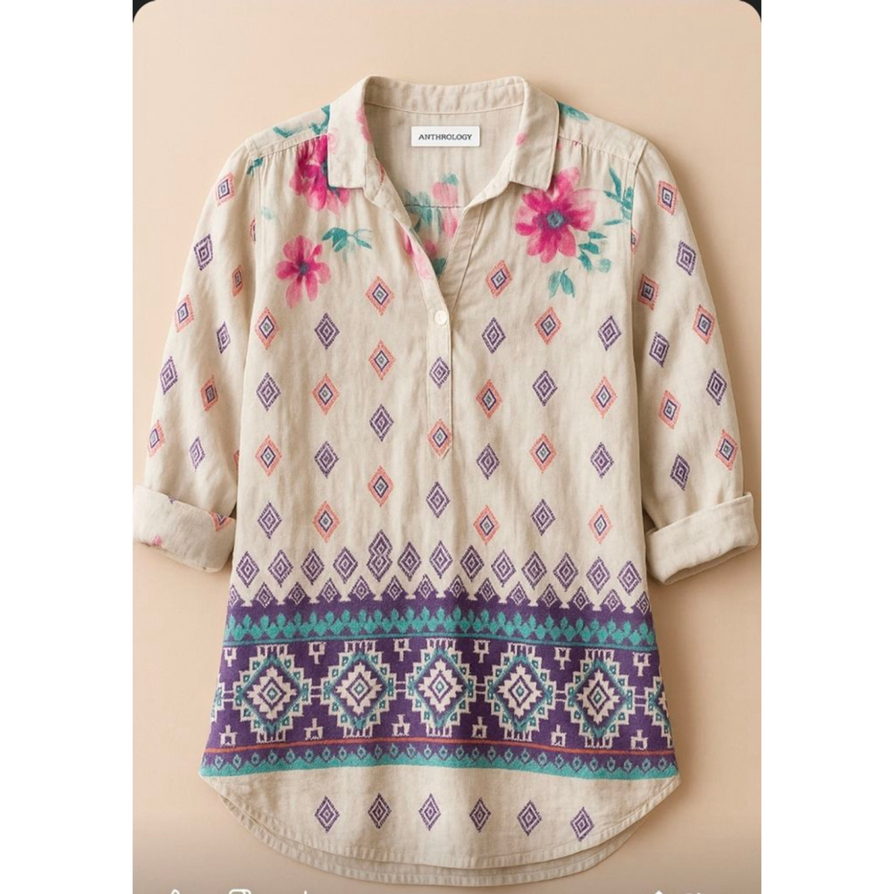 Norya Ayron 100% Cotton Boho Blouse – Made in Morocco (Size Medium)